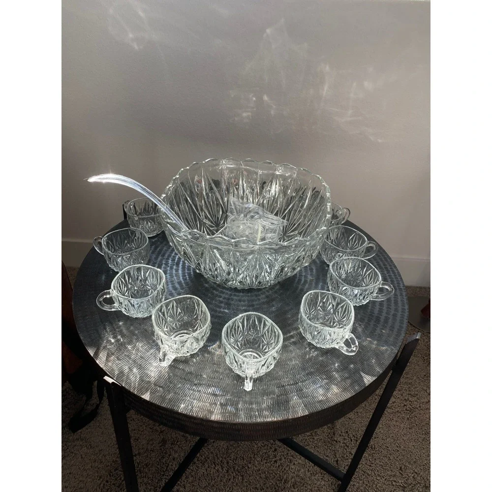 Williamsport  Vintage 12 Pc Prescut Crystal Punch Bowl Set w 10 Cups + Ladle